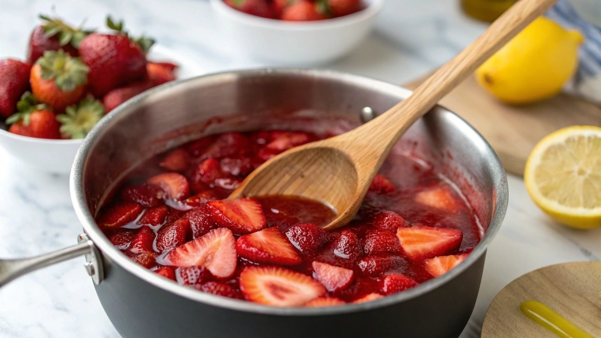 Strawberry compote simmering in a saucepan for cheesecake topping.