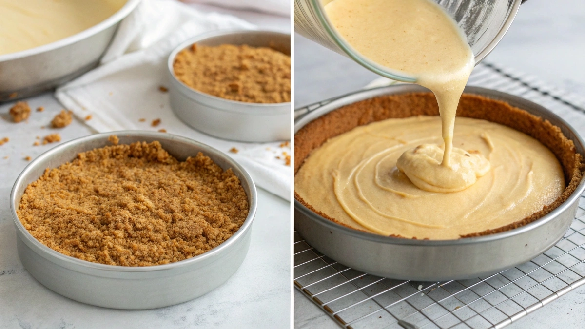 Step-by-step process of making strawberry cheesecake, from crust to filling.