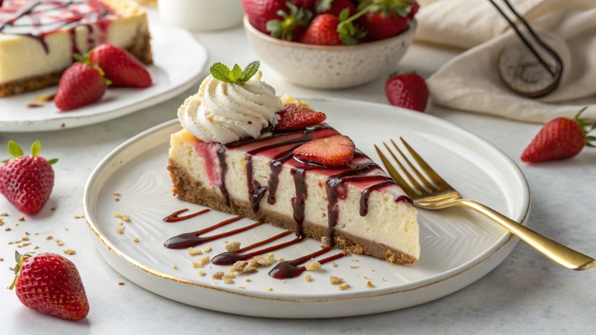 A slice of strawberry cheesecake with chocolate drizzle and whipped cream.