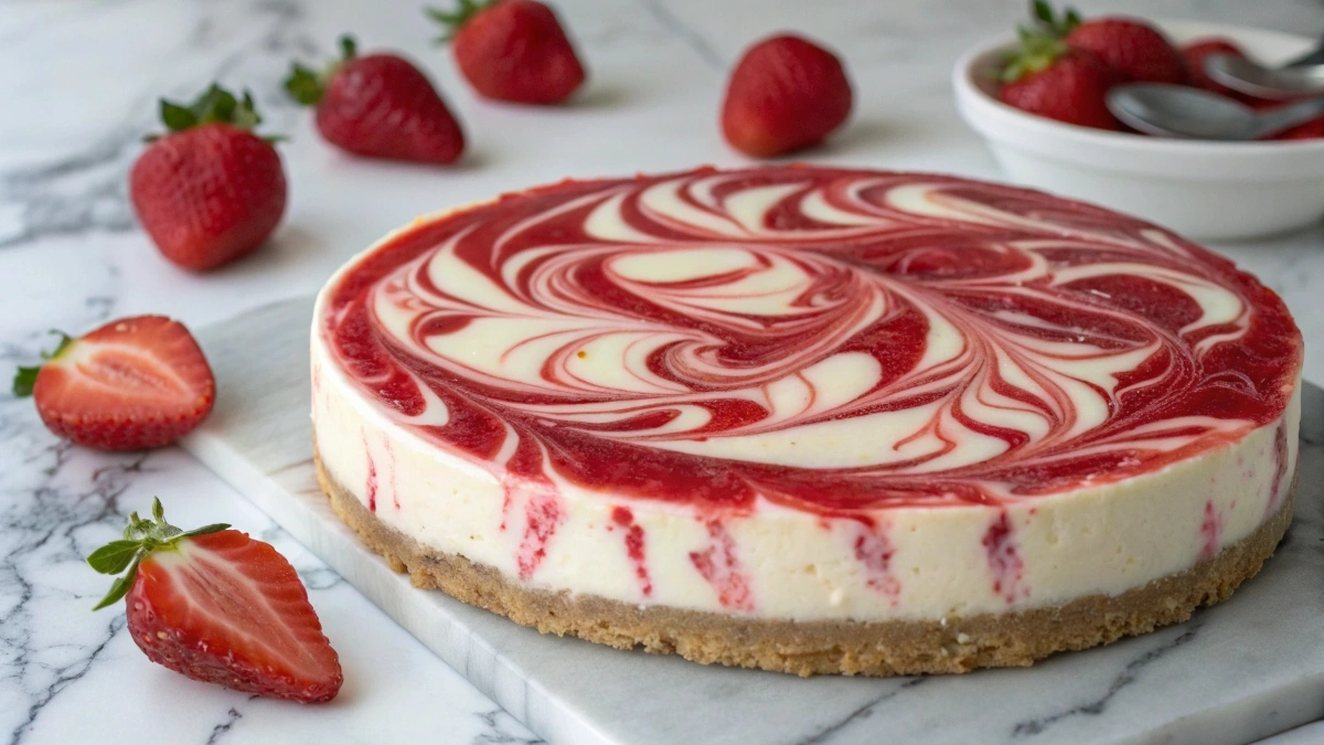 A freshly swirled strawberry cheesecake before baking, featuring a red berry pattern.