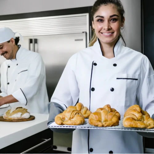 Female chef in white uniform holding tray of croissants with male chef baking in background