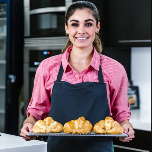 Smiling woman in denim shirt placing tray of croissants into oven