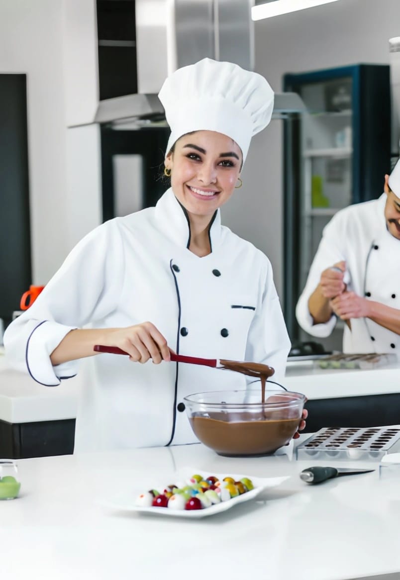 Female pastry chef stirring melted chocolate in bowl with sweets on counter