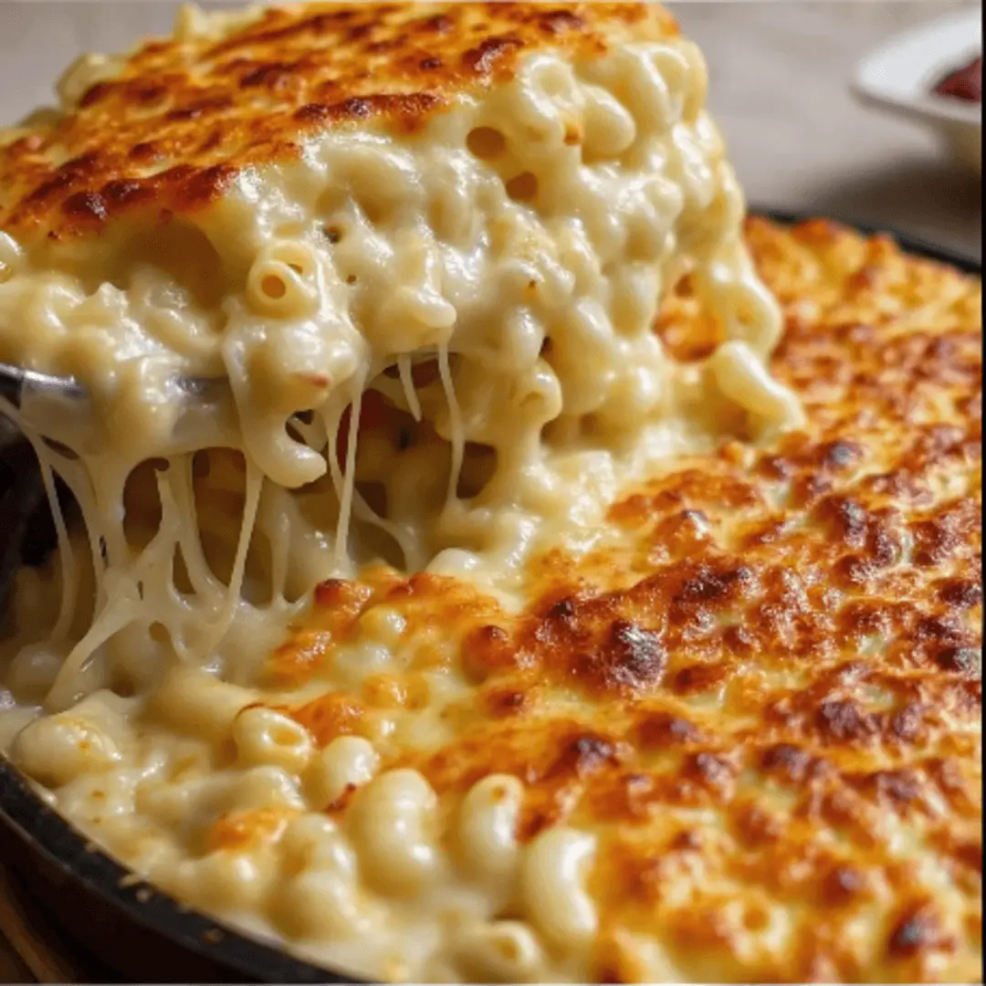 A full baking dish of golden-brown baked macaroni and cheese with a bubbly, slightly crispy top.