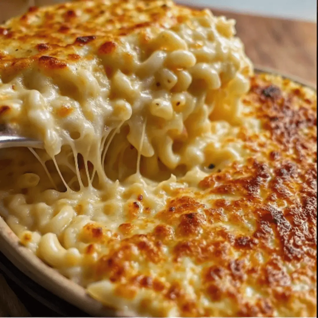 A bowl of Five-Cheese Baked Mac & Cheese showing a creamy, soft interior with a golden, crisp baked top.