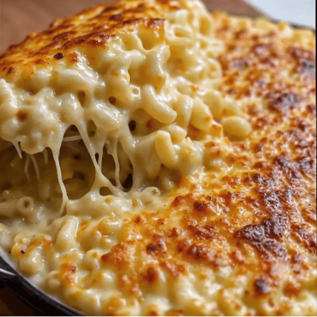 A close-up of baked macaroni and cheese being scooped, showcasing long, stretchy strings of melted cheese between the spoon and the dish. The surface is golden and bubbly.