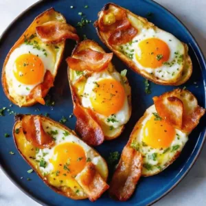 Six baked potato halves stuffed with sunny-side-up eggs, crispy bacon strips, and fresh parsley, served on a dark blue plate.