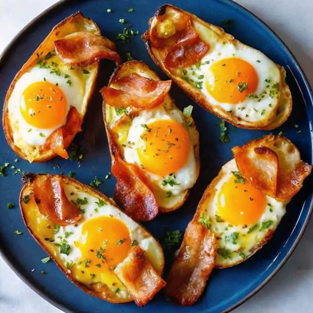 Six baked potato halves stuffed with sunny-side-up eggs, crispy bacon strips, and fresh parsley, served on a dark blue plate.