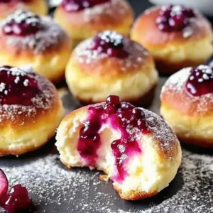 Close up of a bitten, golden-brown donut oozing with dark berry jam, topped with powdered sugar on a dark surface.