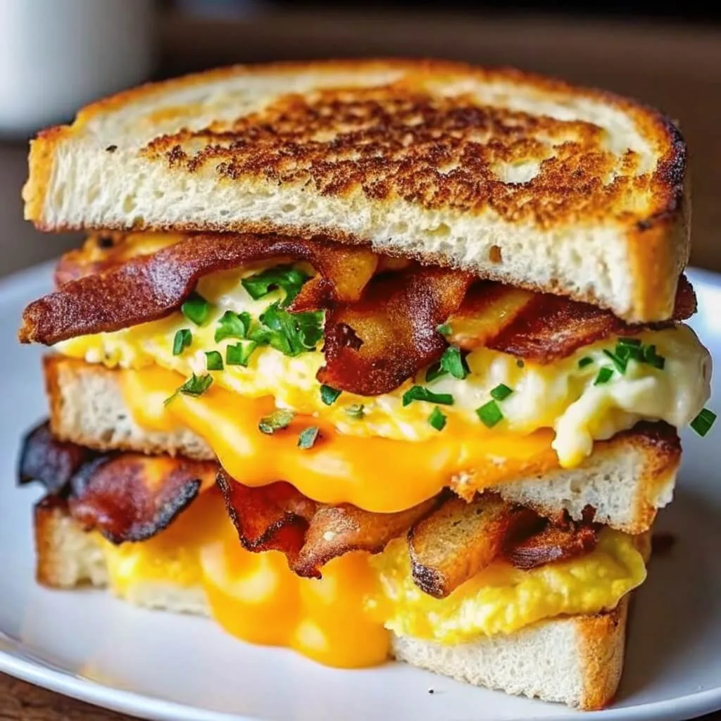 Stacked halves of a toasted breakfast sandwich filled with scrambled eggs, melted cheddar cheese, and crispy bacon, garnished with fresh chives.