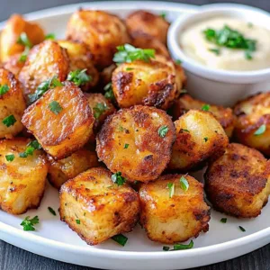 A pile of crispy, golden-brown roasted potato chunks garnished with fresh herbs on a white plate next to a small bowl of creamy dip.