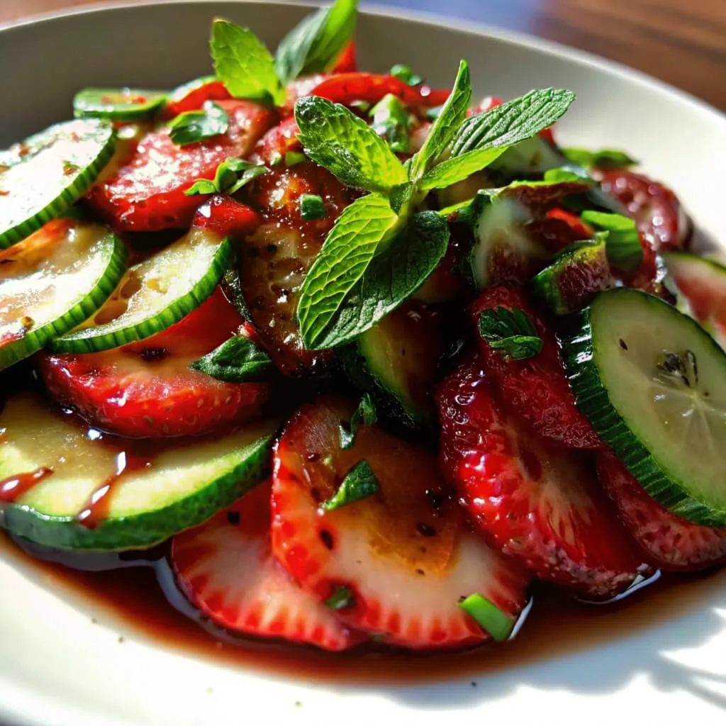 Close-up of a fresh summer salad featuring sliced strawberries and cucumbers, drizzled with a dark balsamic glaze and topped with fresh mint.