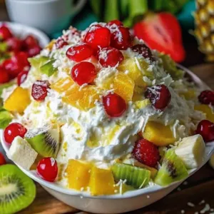 A large bowl piled high with whipped cream, topped with bright red cherries, shredded coconut, pineapple chunks, and sliced kiwi.
