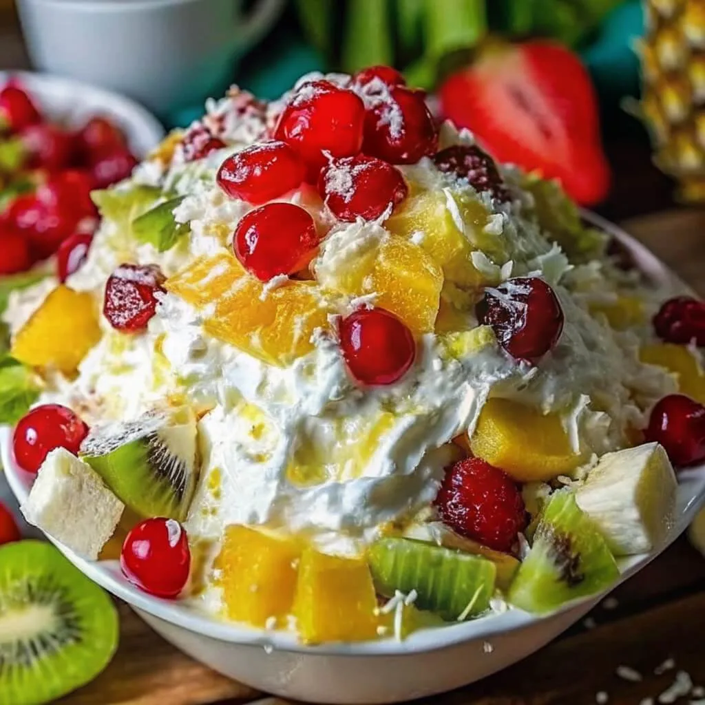 A large bowl piled high with whipped cream, topped with bright red cherries, shredded coconut, pineapple chunks, and sliced kiwi.