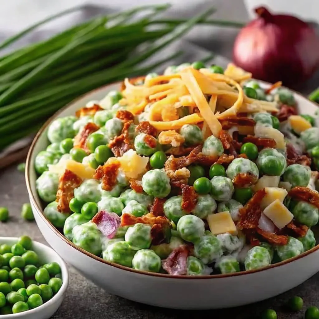 A white bowl filled with creamy green pea salad topped with crispy bacon bits, shredded cheddar cheese, and diced red onion.