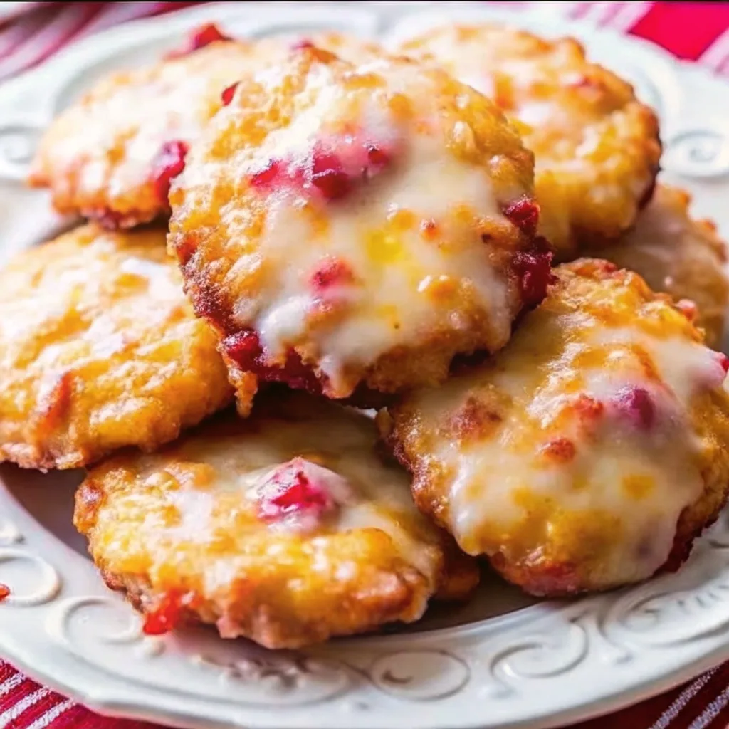 A close-up of a stack of golden-brown rhubarb fritters drizzled with sweet white glaze on a decorative white plate.