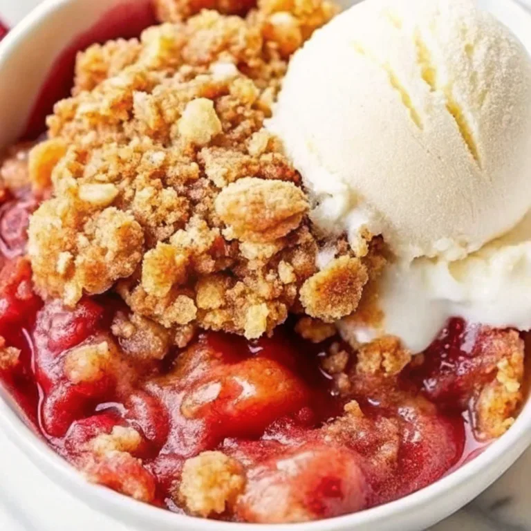 A close-up of warm strawberry crisp dessert in a white bowl, topped with a melting scoop of vanilla ice cream.