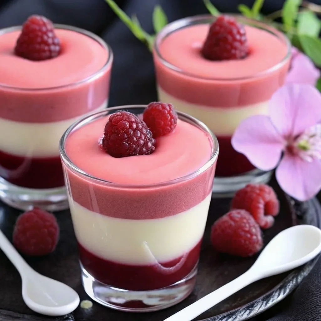 Three glass tumblers filled with a tricolor layered dessert of dark berry coulis, vanilla cream, and pink raspberry mousse, topped with fresh raspberries.
