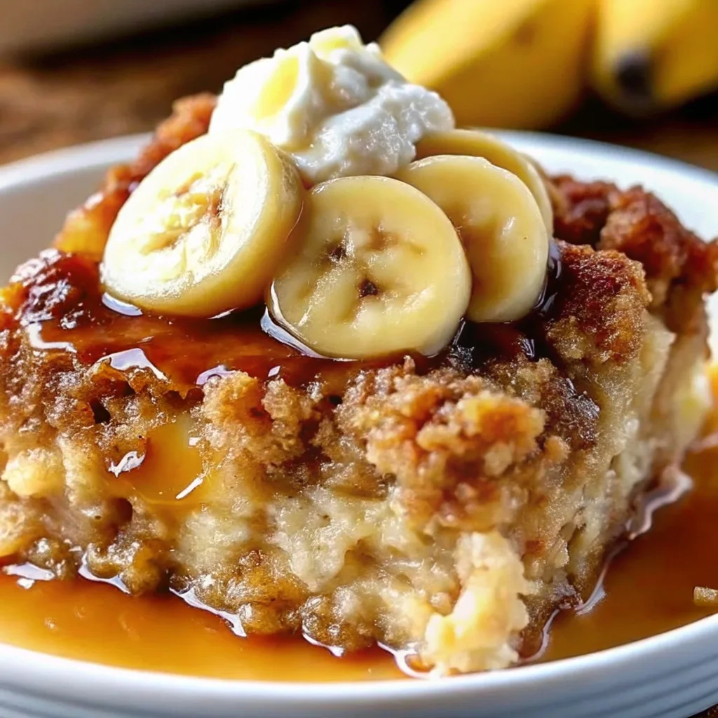 A close-up shot of a square slice of banana bread pudding topped with fresh banana slices and a dollop of whipped cream, drizzled in golden caramel sauce.