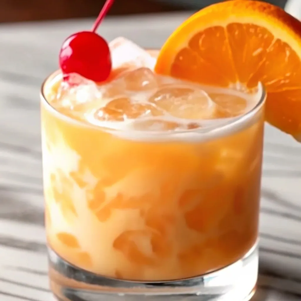 A close-up of a frothy orange cocktail in a rocks glass garnished with a maraschino cherry and orange slice.