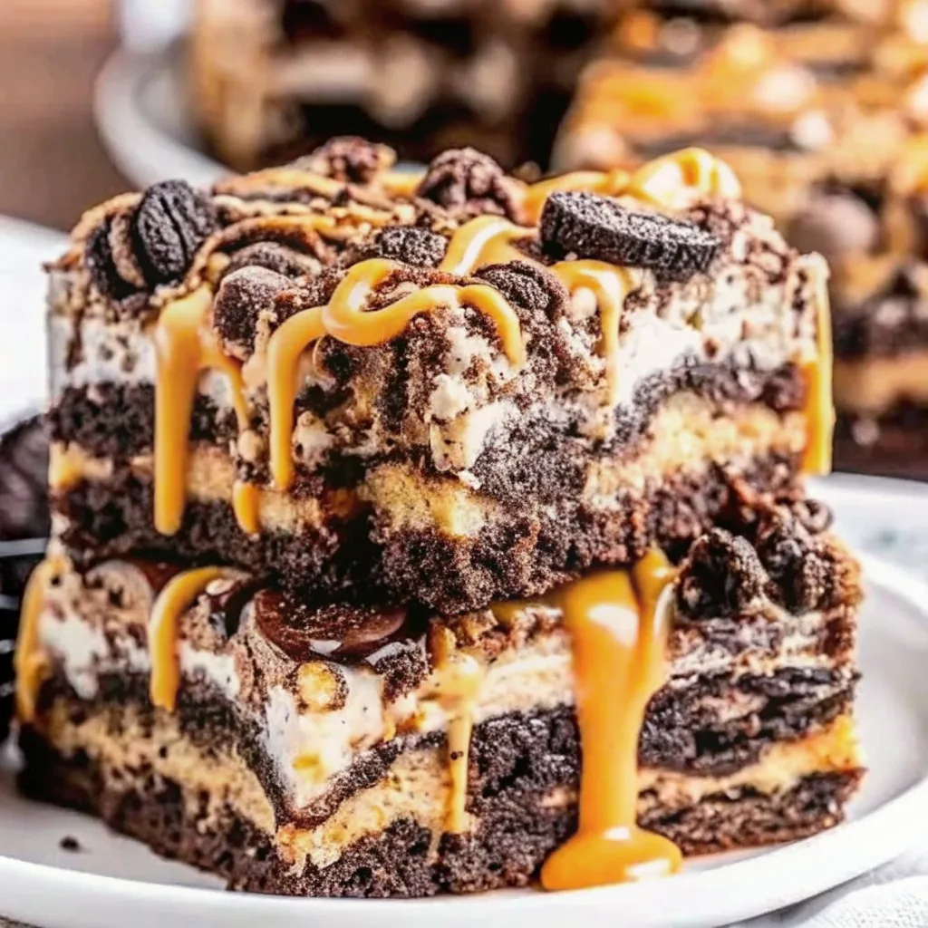 Close up of a stacked Slutty Brownie with layers of chocolate chip cookie, Oreo, and fudge brownie topped with dripping caramel.