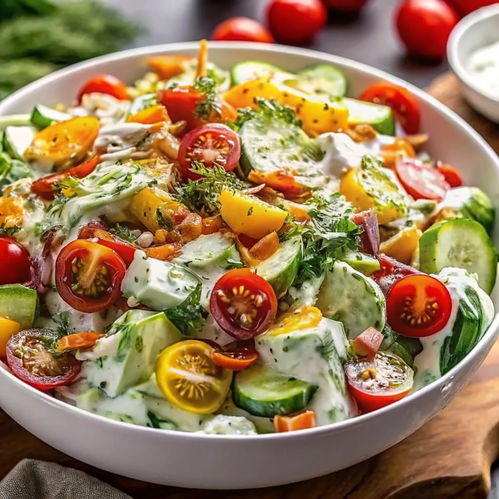 A white ceramic bowl filled with a garden salad of sliced cucumbers, cherry tomatoes, and fresh herbs tossed in a creamy white dressing.
