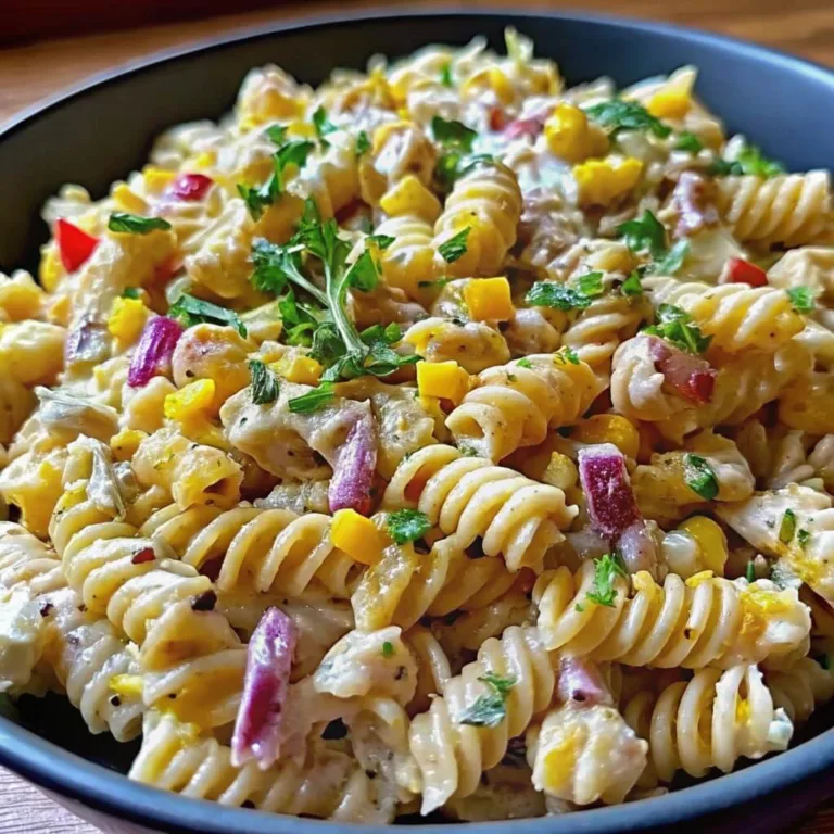 Creamy rotini pasta salad with sweet corn, red onion, and fresh parsley served in a modern dark grey bowl.