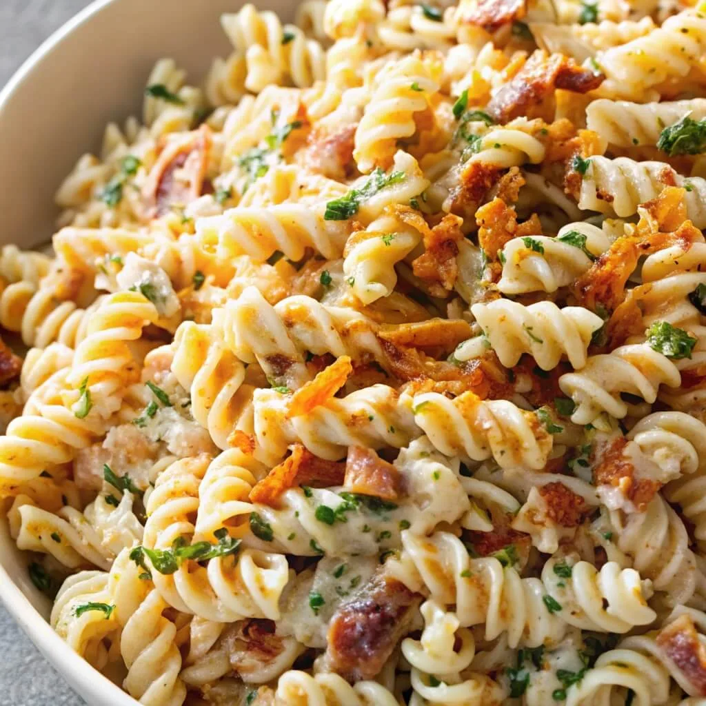 A close-up shot of rotini pasta salad with crispy bacon bits, fresh parsley, and a creamy ranch dressing in a white bowl.