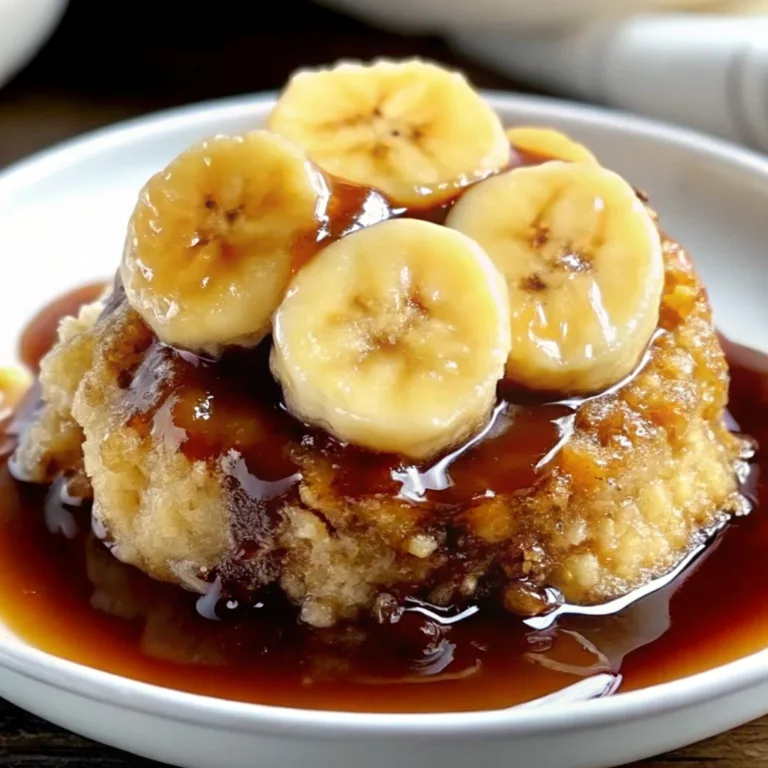 A square slice of warm banana cake topped with a dollop of whipped cream, fresh bananas, and caramel drizzle.