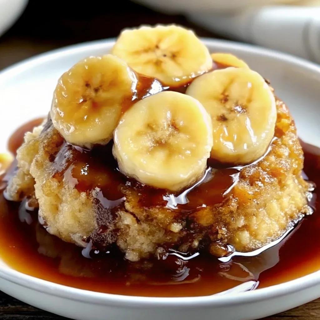 A square slice of warm banana cake topped with a dollop of whipped cream, fresh bananas, and caramel drizzle.