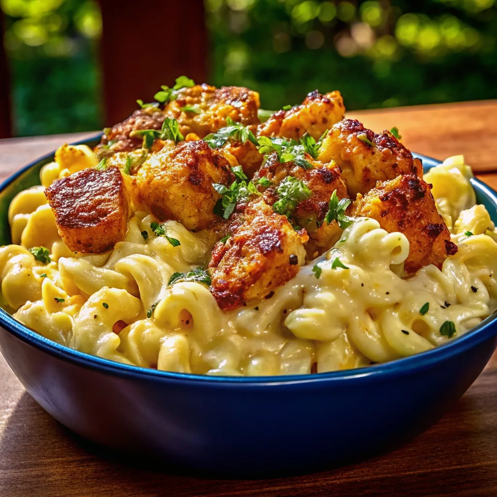 A blue bowl filled with creamy macaroni and cheese topped with golden-brown crispy fried chicken pieces and fresh parsley.
