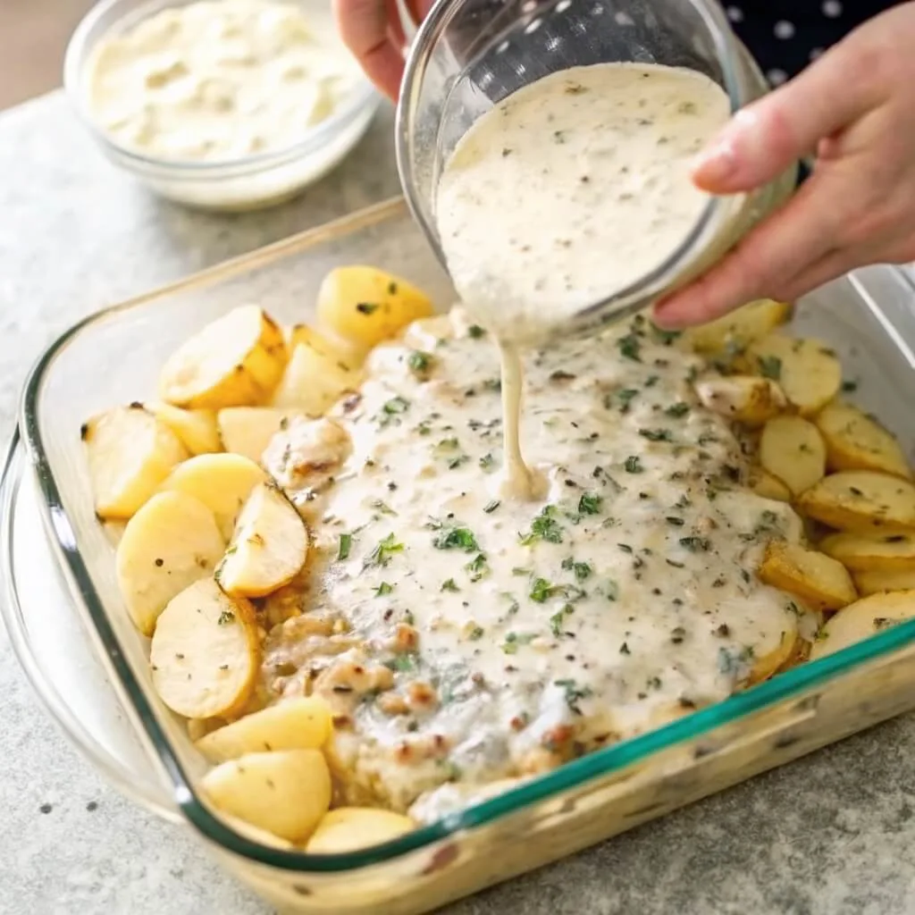 A person pouring a thick white herb sauce from a glass bowl over sliced potatoes and chicken in a glass baking dish.