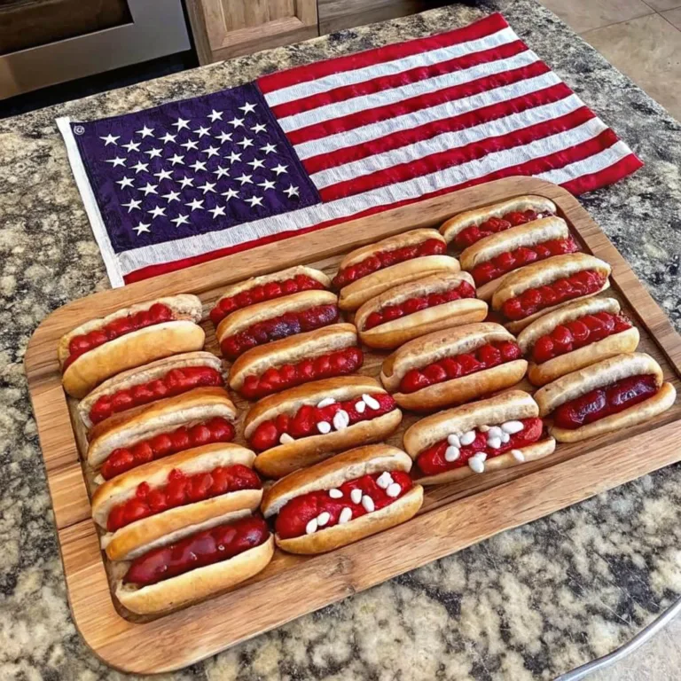 A wooden tray filled with rows of hot dogs in buns, some topped with red sauce and white stars, positioned in front of an American flag.