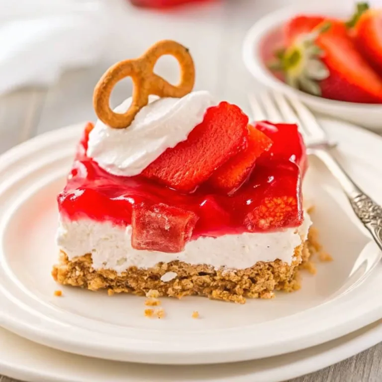 A square slice of layered strawberry pretzel dessert topped with whipped cream and a single small pretzel knot.