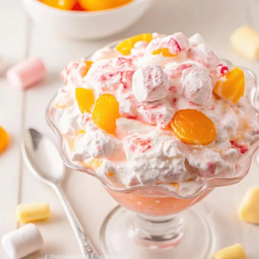 A close-up of a creamy pink and white ambrosia salad in a glass bowl, featuring mandarin orange segments and mini marshmallows.