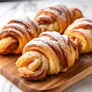 Four golden-brown, flaky cinnamon crescent pastries coated in powdered sugar, arranged on a wooden serving board.