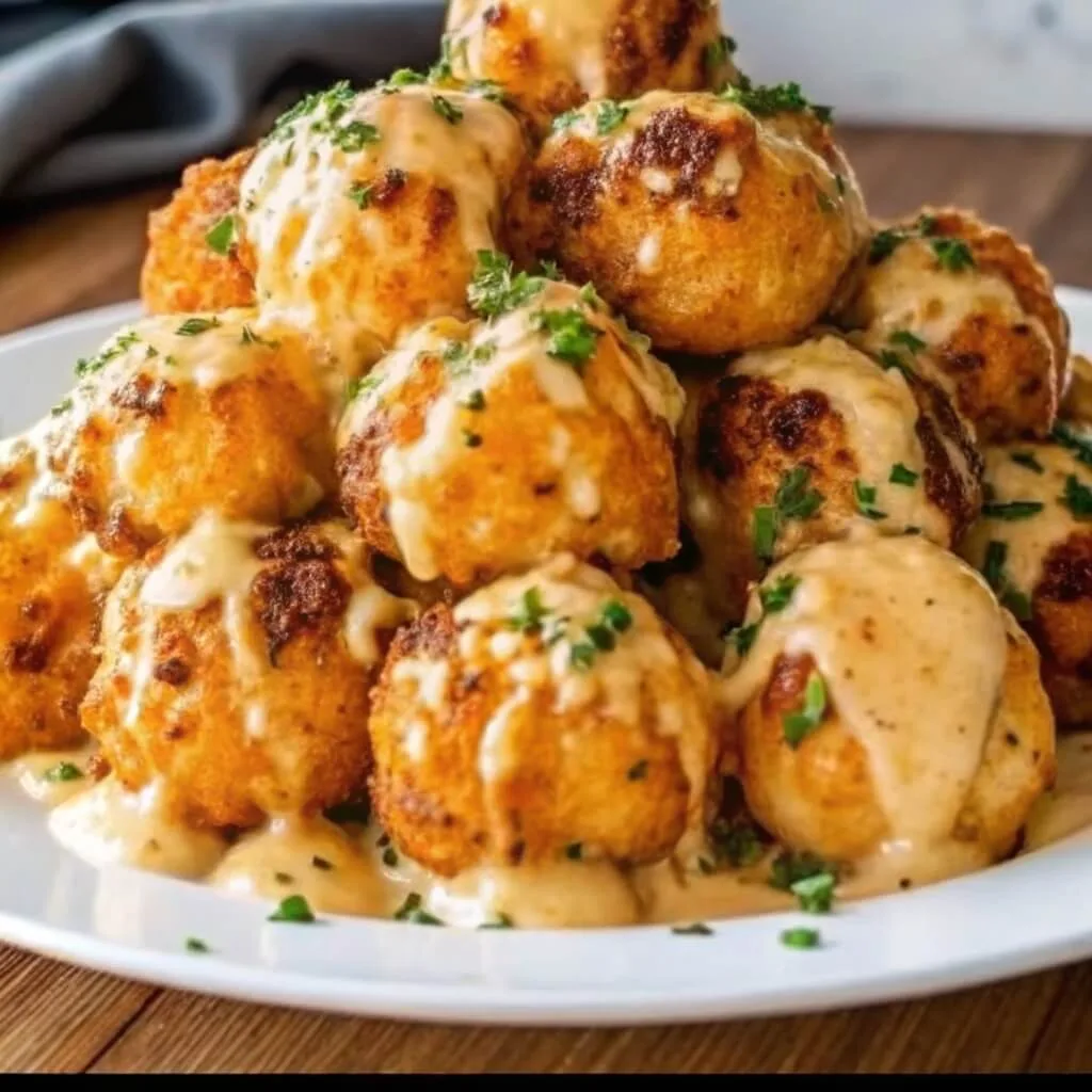 A close-up of a pile of golden-fried mashed potato balls covered in a thick, creamy sauce and chopped green herbs.