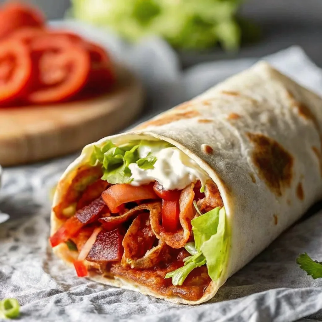 A close-up of a toasted flour tortilla wrap filled with crispy turkey bacon, fresh lettuce, sliced tomatoes, and creamy white sauce.