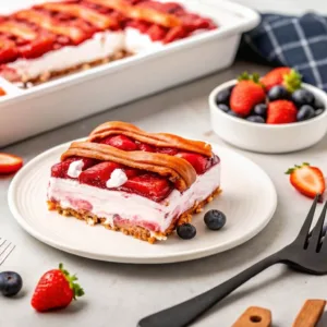 A square slice of three-layered dessert featuring a pretzel crust, cream cheese filling, and strawberry gelatin topping with a swirl of whipped cream.
