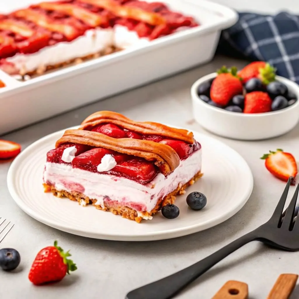 A square slice of three-layered dessert featuring a pretzel crust, cream cheese filling, and strawberry gelatin topping with a swirl of whipped cream.