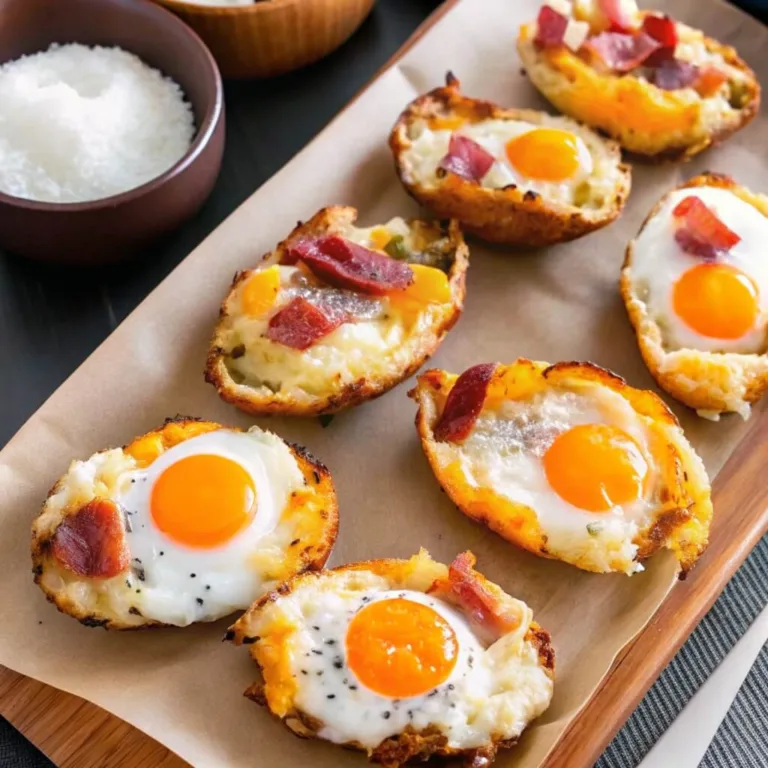 Cheesy breakfast potato skins filled with baked eggs and chopped bacon, arranged on a parchment-lined wooden tray.