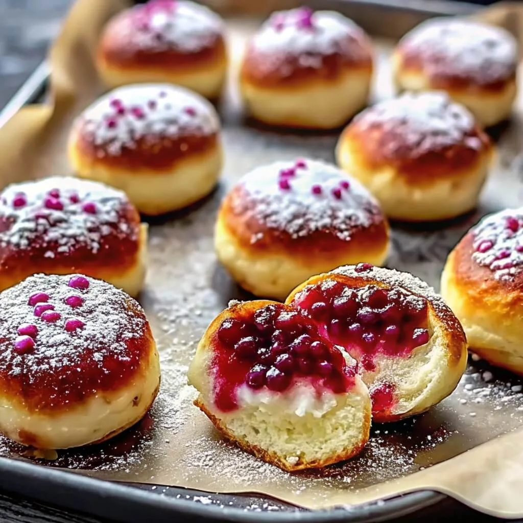 A baking tray lined with parchment paper holding freshly baked jelly donuts, with one split in half exposing chunky red berry filling.