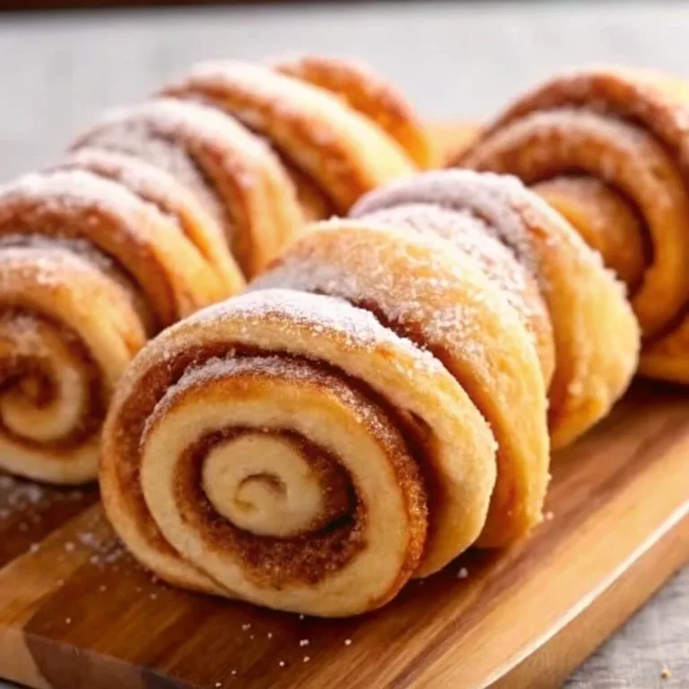 A row of baked cinnamon sugar pinwheel pastries tightly arranged on a wooden board, topped with a dusting of powdered sugar.