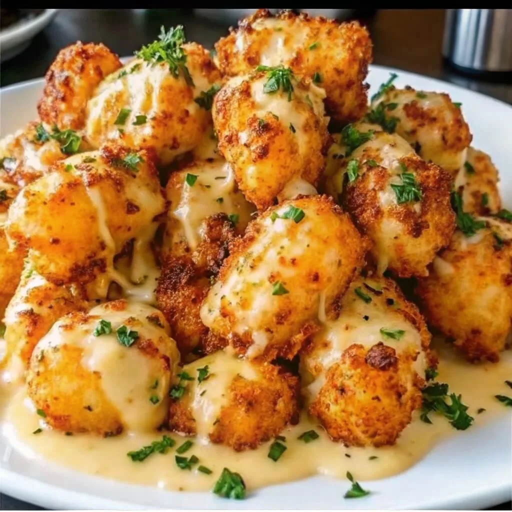 A large portion of crispy, golden tater tots piled high and smothered in a creamy melted cheese sauce and fresh parsley.