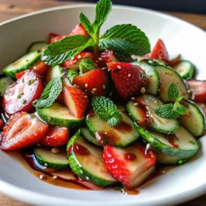 A white bowl filled with a healthy salad of fresh strawberries, sliced cucumbers, and mint leaves, lightly coated in a dark balsamic dressing.