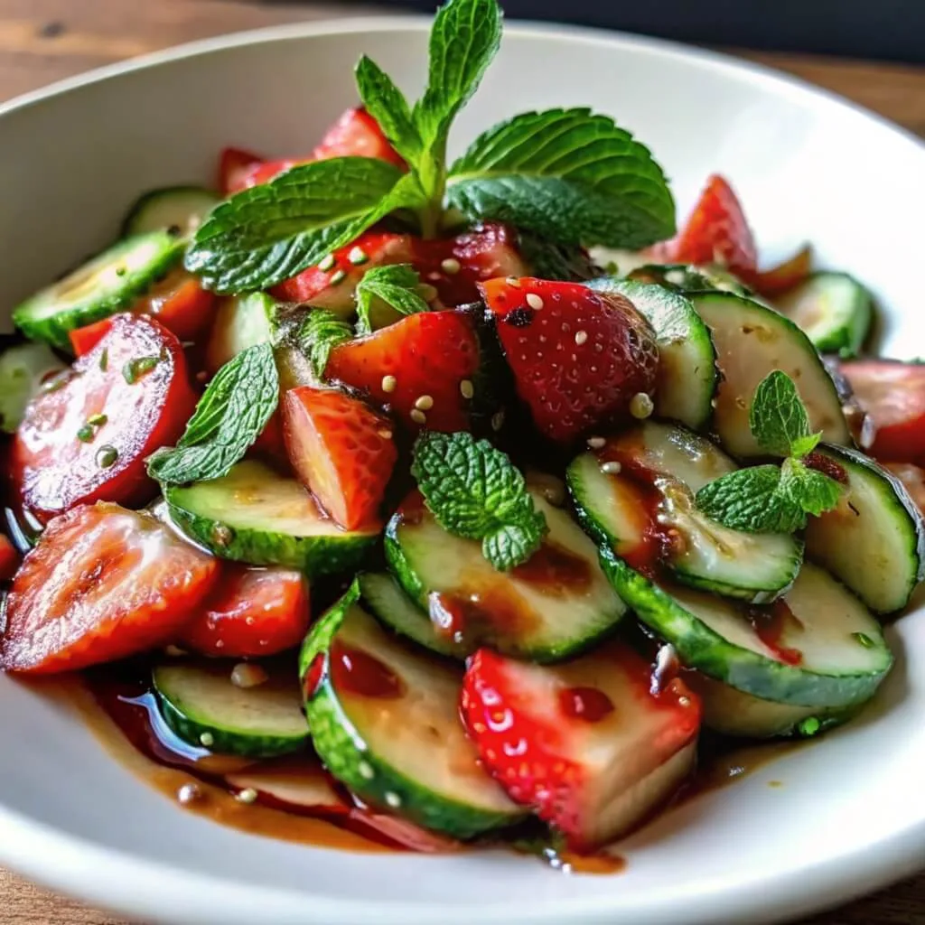 A white bowl filled with a healthy salad of fresh strawberries, sliced cucumbers, and mint leaves, lightly coated in a dark balsamic dressing.