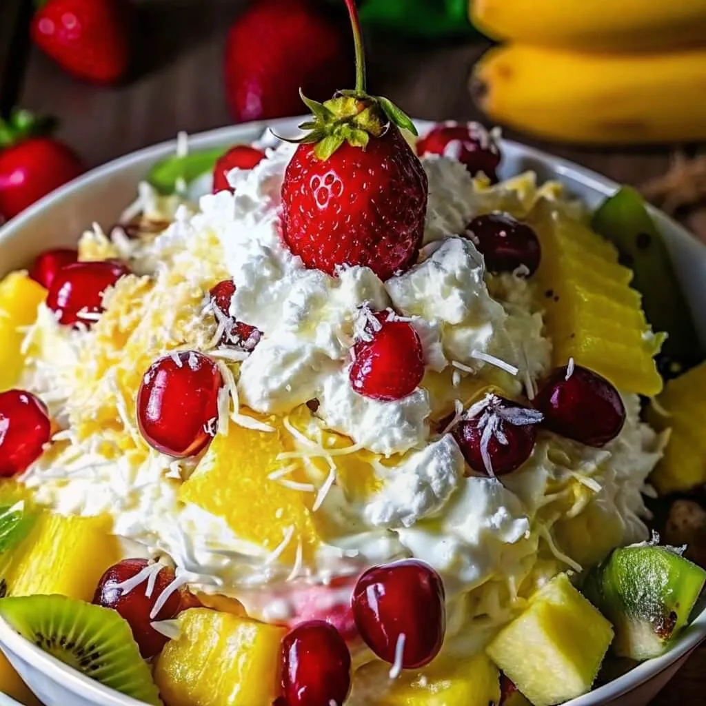 Close-up of a sweet fruit salad dessert covered in thick whipped cream, garnished with bright red cherries, pineapple, kiwi, and coconut flakes.