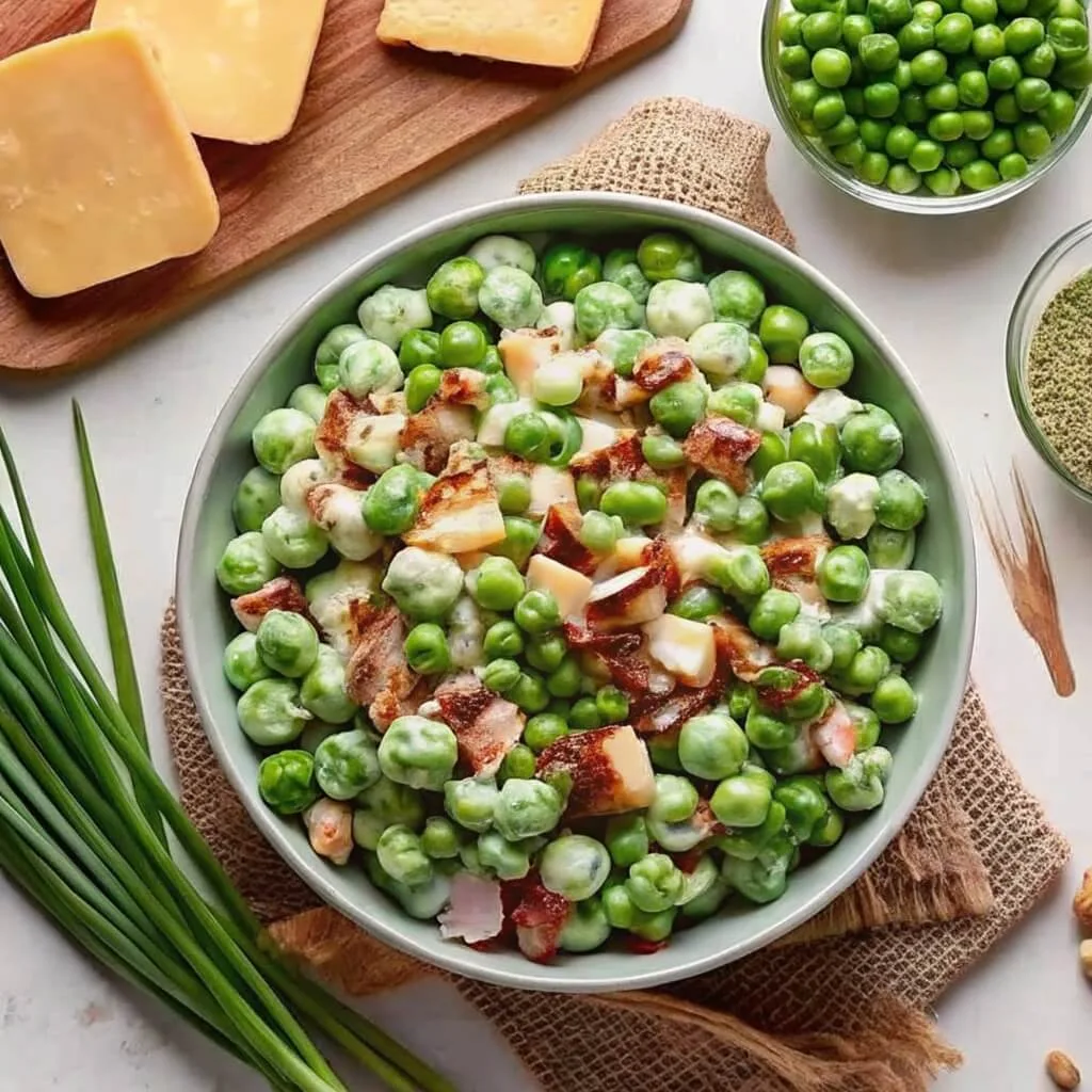 Overhead view of a creamy pea salad with thick-cut bacon and cubed cheese in a green bowl resting on a burlap napkin.