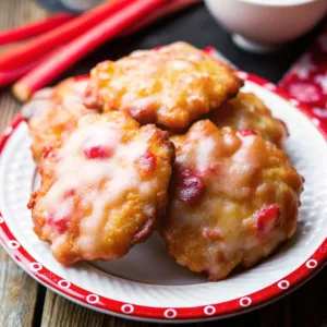 A plate with red trim holding several glazed rhubarb fritters, with fresh pink rhubarb stalks in the background.