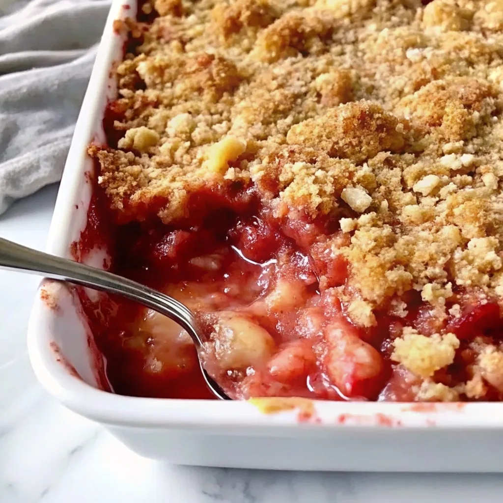 A silver spoon scooping warm strawberry crisp out of a white rectangular baking dish, revealing the gooey red filling.